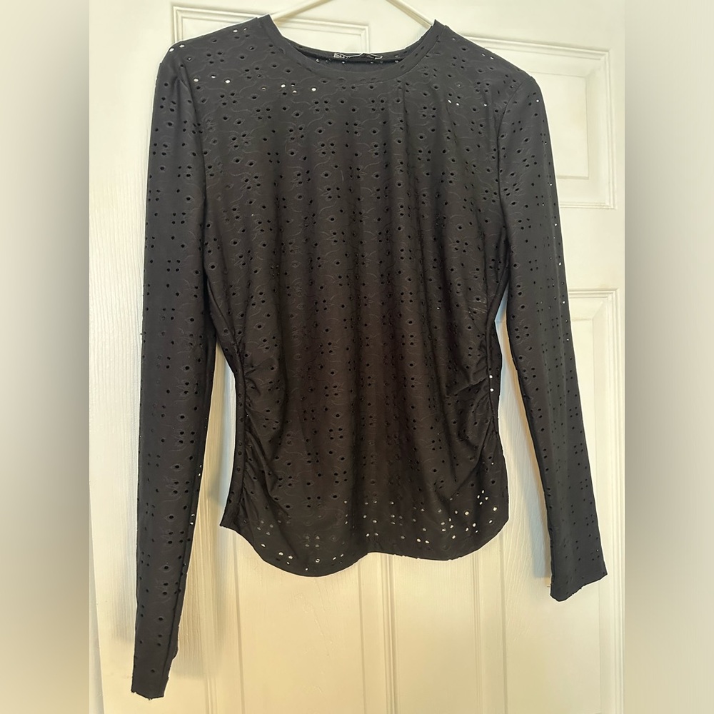 Zara Black Eyelet Long Sleeve Top Size USA M